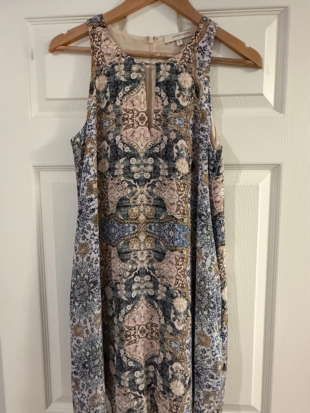 Lavender Brown Printed Midi Dress in Pink, Blue & Gold